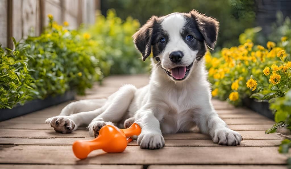 Cachorro de perro jugando en jardín